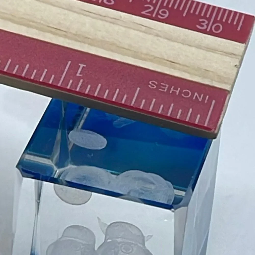 Decorative 3D laser-etched two owls on a branch moon crystal cube paperweight.